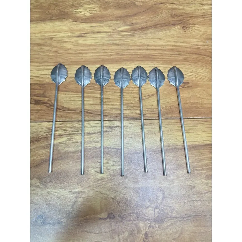 Vintage H & Co Silver Tone Leaf Sipper Straws Iced Tea Spoons 7-1/4” ~Set of 7